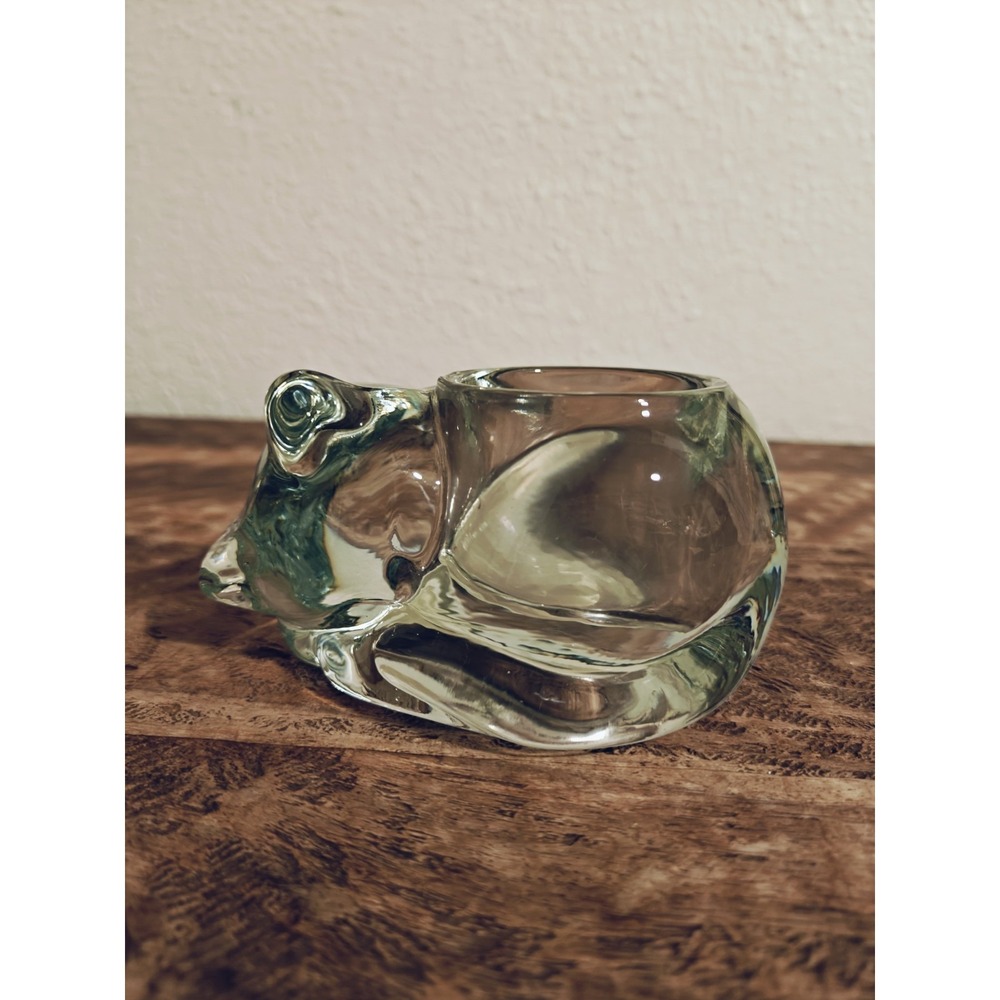 Vintage Indiana Glass Clear Sleeping Cat Votive Candle Holder Heavy Tealight